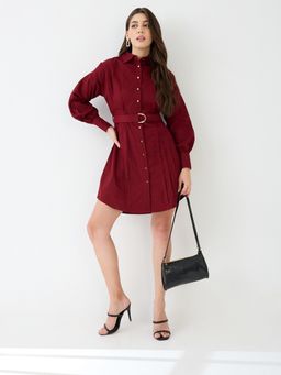 Globus - Women Maroon Collar Neck Solid A-Line Mini Dress with Belt (Set of 2)