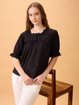 Globus - Women Black Square Neck Puff Sleeves Scalloped Lace Insert Gathered Top