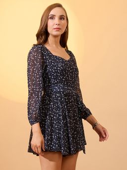 Globus - Women Black Sweetheart Neck Bishop Sleeves Floral Print Playsuit with Belt (Set of 2)