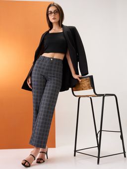 Globus - Womens Grey Checks Mid Rise Straight Fit Formal Trouser
