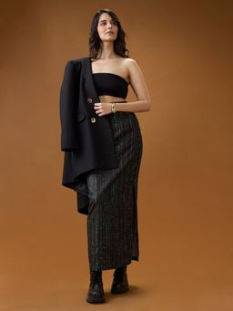 Globus - Women Black Digital Print Mid-Rise Side Slit Straight Skirt