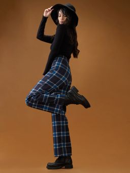 Globus - Women Blue Checks Mid Rise Straight Fit Formal Pant