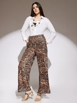 Globus - Women Gold Animal Print Mid Rise Accordian Pleats Wide Leg Party Wear Trousers