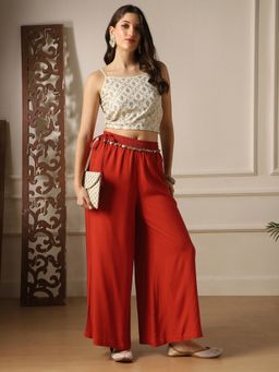 Globus - Women Rust Lace Insert Drawstring Waist Wide Leg Flared Palazzo
