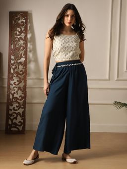 Globus - Women Teal Lace Insert Drawstring Waist Wide Leg Flared Palazzo