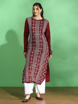 Globus - Women Maroon Weave Knitted Acrylic Woven Winter Wear Kurta