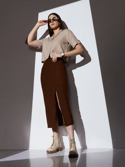 Globus - Women Brown High-Rise Self Design Striped Front Slit High Workwear Pencil Skirt