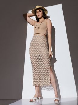 Globus - Women Beige Chevron Pattern Crochet High Rise Side Slit Beach Pencil High Skirt