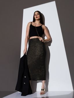 Globus - Women Black Mid-Rise Shimmer Stretchable Back Slit High Party Pencil Skirt