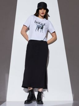 Globus - Women Black Mid-Rise Solid Side Slit Straight High Denim Skirt