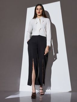 Globus - Women Black Mid-rise Shimmer Front Slit Wide Leg Party Pant