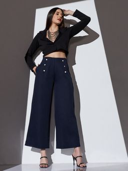 Globus - Women Navy Mid-rise Solid Button Detail Wide Leg Pant