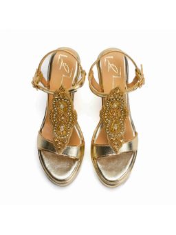 NIDHI BHANDARI - Gold Open Toe Embroidery Comfort Block Heels