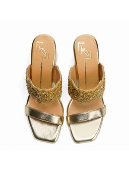 NIDHI BHANDARI - Gold Square Toe Mid Embroidery Block Heels