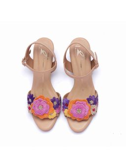 NIDHI BHANDARI - Beige Faux Leather Open Toe Embroidery Block Heels