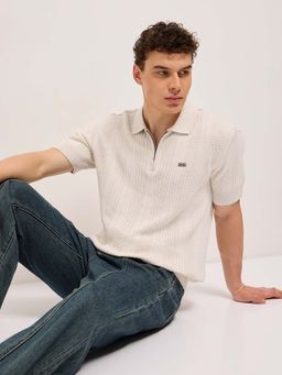 The Bear House - Men Off White Textured Polo T-shirt