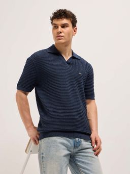 The Bear House - Men Navy Blue Textured Polo T-shirt