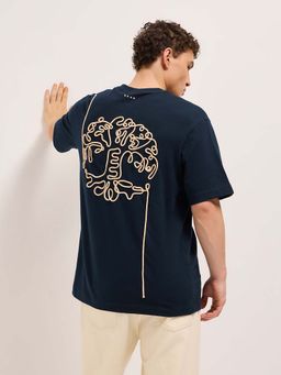 The Bear House - Men Navy Blue Self Design T-shirt