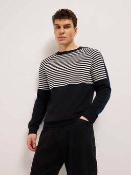 The Bear House - Men Navy Blue Stripes Sweatshirt