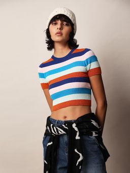 ONLY - Women Multi Color Striped Cropped T-Shirt