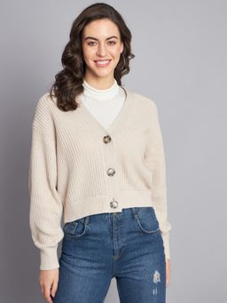 NOBARR - Womens Cotton Full Sleeve Button Closure V-Neck Beige Cardigan