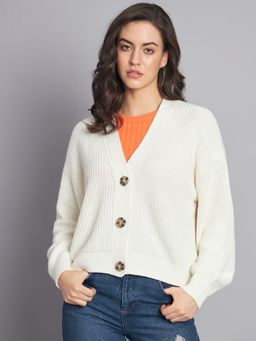 NOBARR - Womens Cotton Full Sleeve Button Closure V-Neck White Cardigan