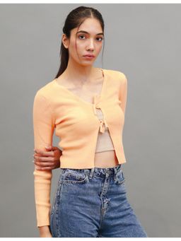 NOBARR - Womens Viscose Front Tie Up Cropped Wrap Open Orange Cardigan