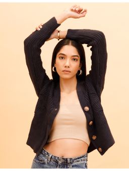 NOBARR - Womens Acrylic Full Sleeve Front Button Closure With V-Neck Dark Blue Cardigan