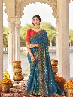 Odette - Teal Vichitra Silk Woven Border Designer Gold Printed Saree with Unstitched Blouse
