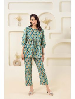 GulaboSitabo - Mint Floral Grid Printed Pure Cotton Top