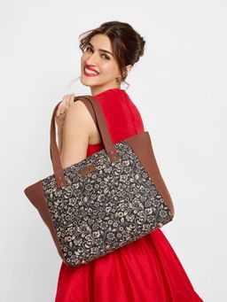 Zouk - Women Handcrafted Floral Side Tote Bag & Handbag for Office and College-Black