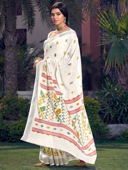 Akhilam - Womens Pure Linen Off White Printed Designer Saree with Unstitched Blouse