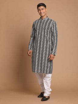 Vastramay - Mens Black and White Pure Cotton Kurta Pyjama (Set of 2)