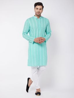 Vastramay - Mens Green and White Pure Cotton Kurta Pyjama (Set of 2)