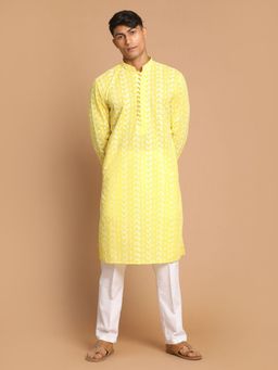 Vastramay - Mens Mustard and White Pure Cotton Kurta Pyjama (Set of 2)