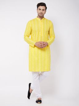 Vastramay - Mens Mustard and White Pure Cotton Kurta Pyjama (Set of 2)
