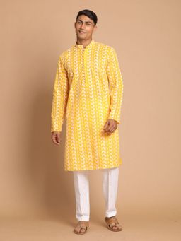 Vastramay - Mens Yellow and White Pure Cotton Kurta Pyjama (Set of 2)