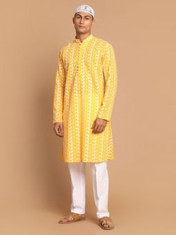 Vastramay - Mens Yellow and White Pure Cotton Kurta Pyjama (Set of 3)