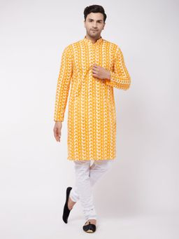 Vastramay - Mens Yellow and White Pure Cotton Kurta Pyjama (Set of 2)