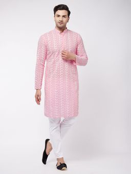 Vastramay - Mens Pink and White Pure Cotton Kurta Pyjama (Set of 2)
