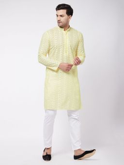 Vastramay - Mens Yellow and White Pure Cotton Kurta Pyjama (Set of 2)