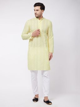 Vastramay - Mens Yellow and White Pure Cotton Kurta Pyjama (Set of 2)