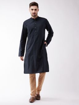 Vastramay - Mens Navy Blue and Rose Gold Cotton Blend Kurta Pyjama (Set of 2)