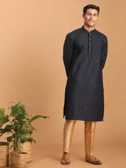 Vastramay - Mens Navy Blue and Rose Gold Cotton Blend Kurta Pyjama (Set of 2)