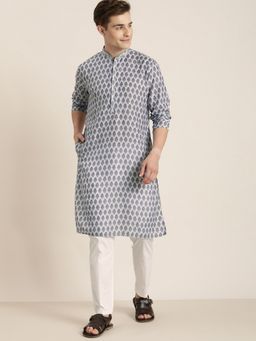 Vastramay - Mens Grey and White Cotton Blend Kurta Pyjama (Set of 2)