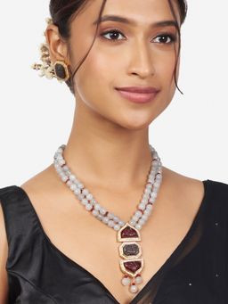 Joules By Radhika - Gold Finish Red & Grey Pendant Style Beaded Necklace & Earrings (Set of 2)