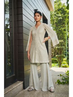 Bohame - Cahaya Light Grey Mirror Work Tunic with Flared Pant (Set of 2)