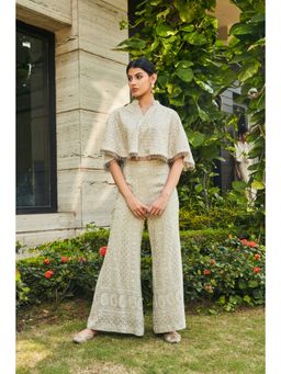 Bohame - Ila Off White Chikankari & Mirror Work Bustier with Cape & Pant (Set of 3)