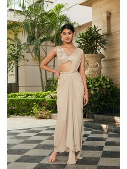 Bohame - Zeya Beige Chikankari & Mirror Work Concept Pre-Draped Saree with Stitched Blouse