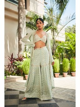 Bohame - Ruhi Pastel Green Mirror Work & Chikankari Blouse with Sharara & Cape (Set of 3)